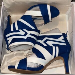 New ASHRO Yvonne Sandal Cobalt Blue and White Women's Heeled Sandals Size 9.5 M